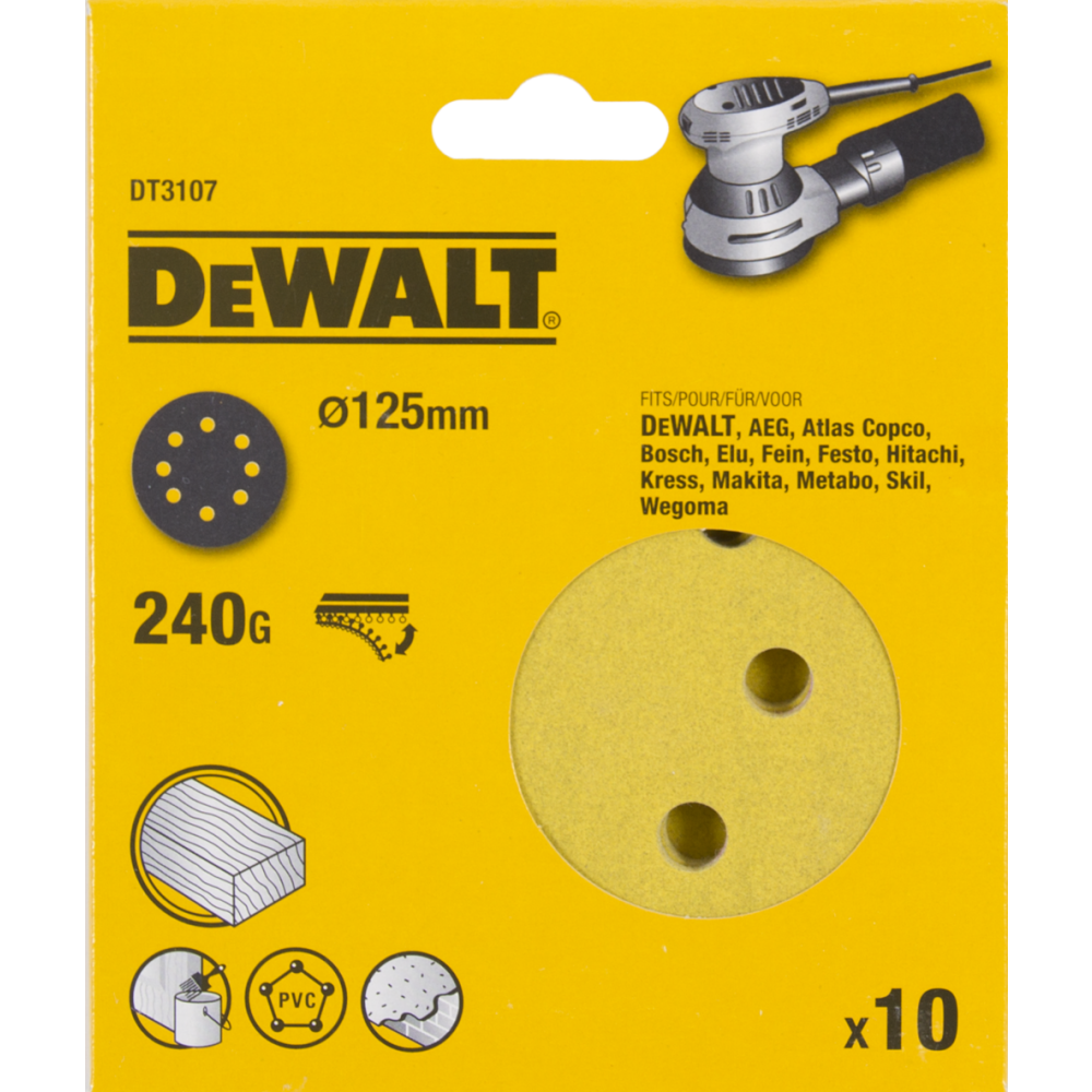 DEWALT Шлифкруги 125мм, 8 отв., 240G, 10шт DEWALT DT3107-QZ