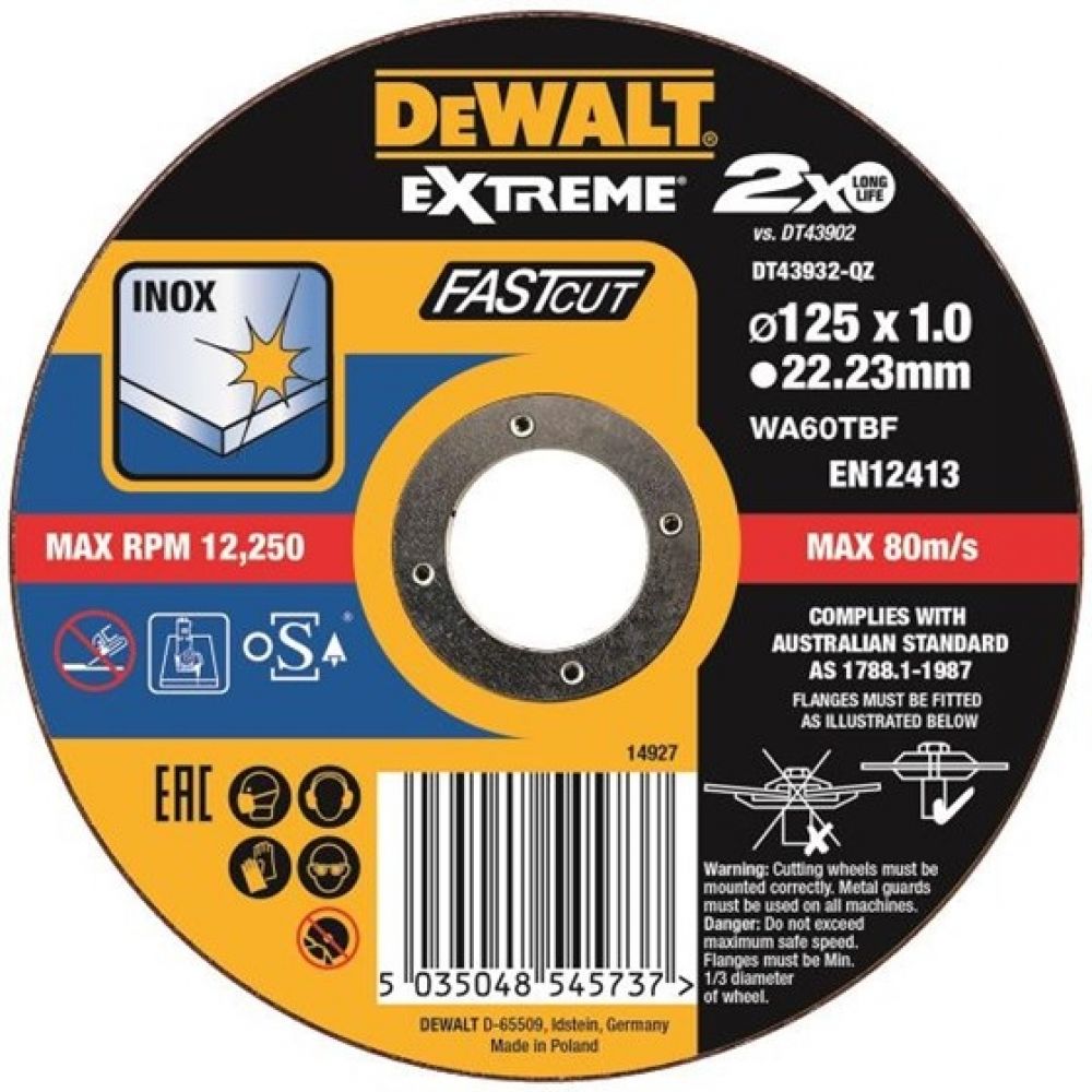 DEWALT Круг отрезной по металлу EXTREME, Fast Cut 125 x22.2x 1mm Inox DEWALT DT43932-QZ