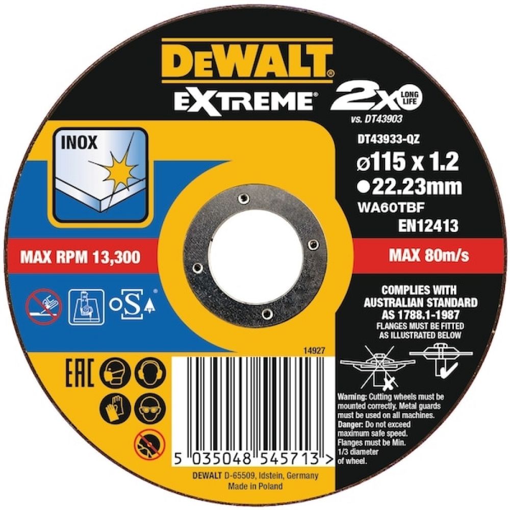 DEWALT Круг отрезной по металлу EXTREME, 115x22.2 x 1.2mm Inox DEWALT DT43933-QZ
