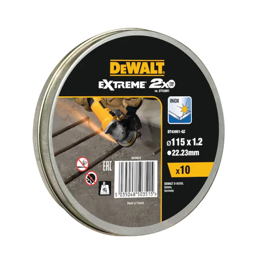 DEWALT Круг отрезной по металлу EXTREME, 115x22.2x1.2mm Inox (10шт в банке) DEWALT DT43951-QZ