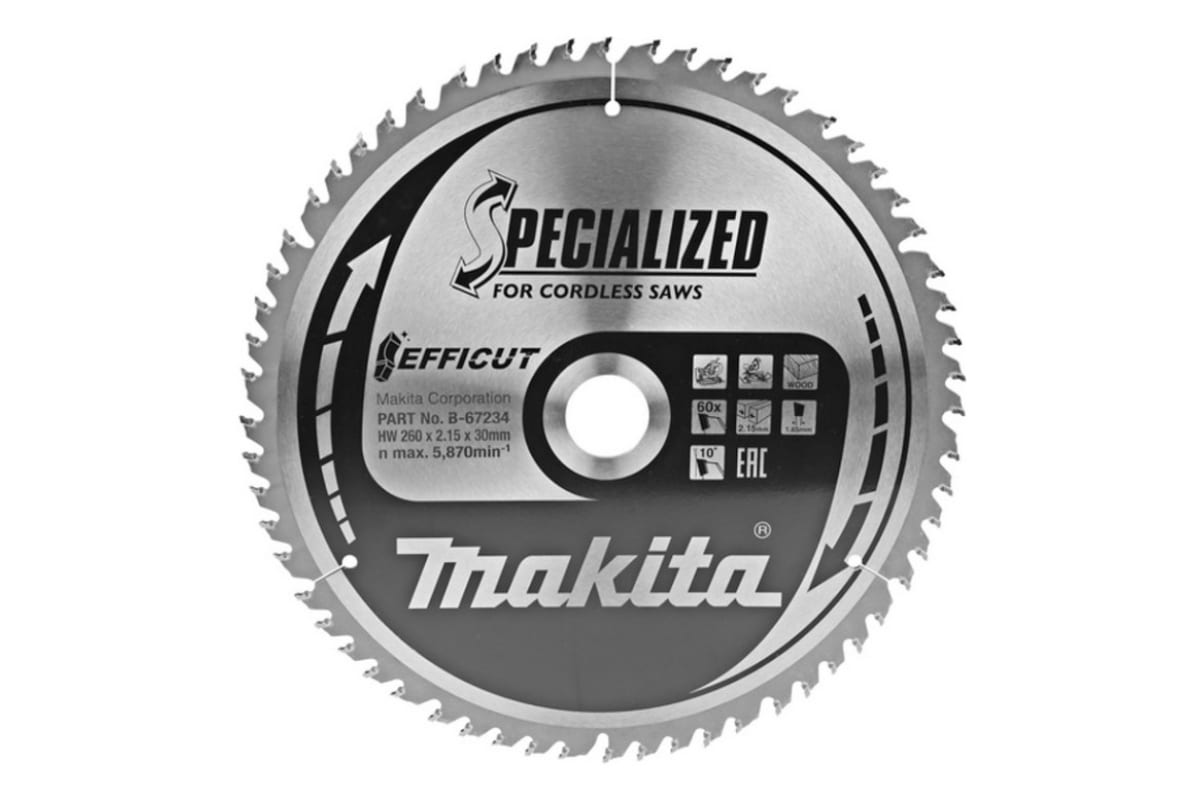 MAKITA Пильный диск для дерева EFFICUT, 260x30x1,65x60T (для аккум. инструмента) MAKITA B-67234