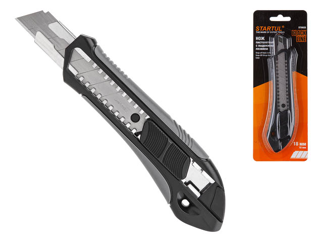 STARTUL Нож пистолетный с выдвижным лезвием 18мм BLACK LINE (ST0925) (ABS+TPR покрытие корпуса) STARTUL ST0925