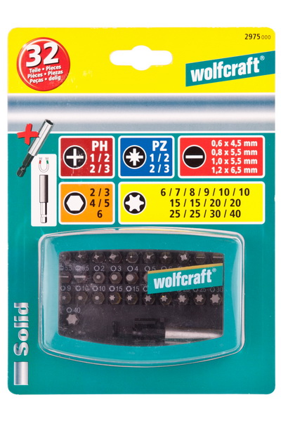 Wolfcraft 2975000 Набор 32 предмета: биты 31 шт 5 типов + магнитный битодержатель